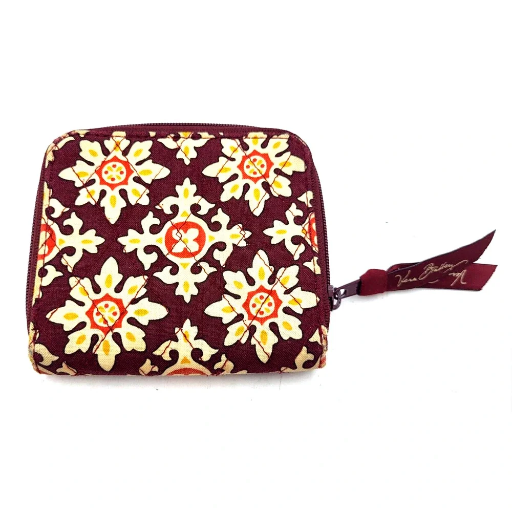 Vera Bradley Bifold Mini Zip Wallet Burgundy Gold Floral Medallions - Picture 2 of 8